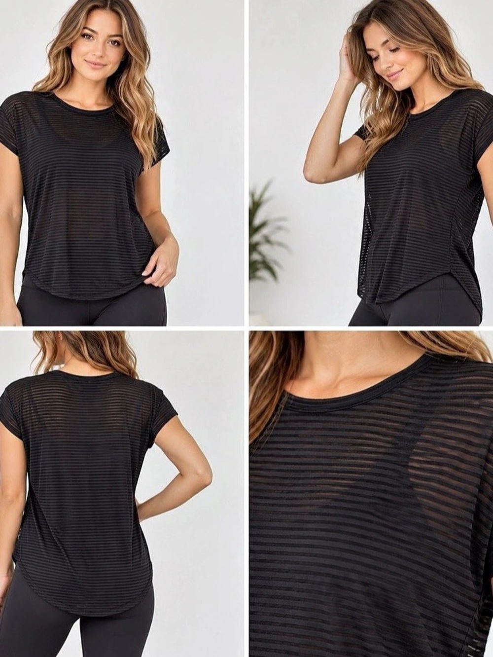 Mono B Black Sheer Stripe Workout Top Size Small Athletic Activewear Tee